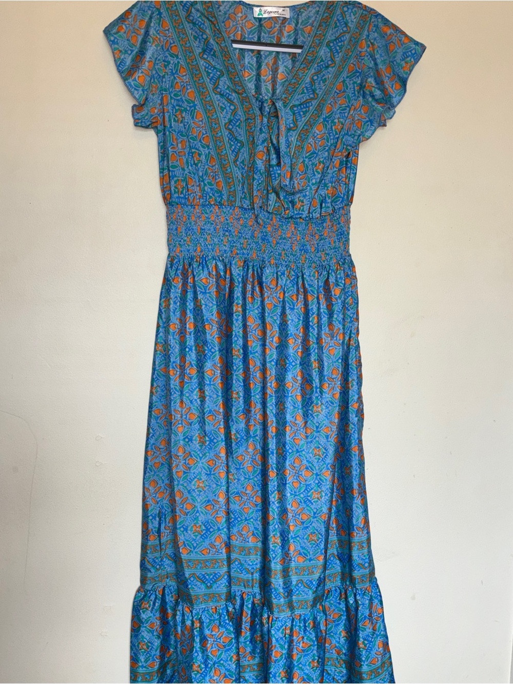 Lapogee Boho Maxi Dress Sz M Smocked Front Tie Cottagecore Prairie Summer Hippie